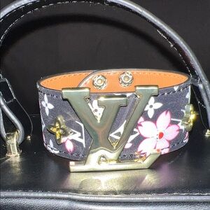 Black Bracelet with Pink Monogram Flowers & Gold LV Buckle